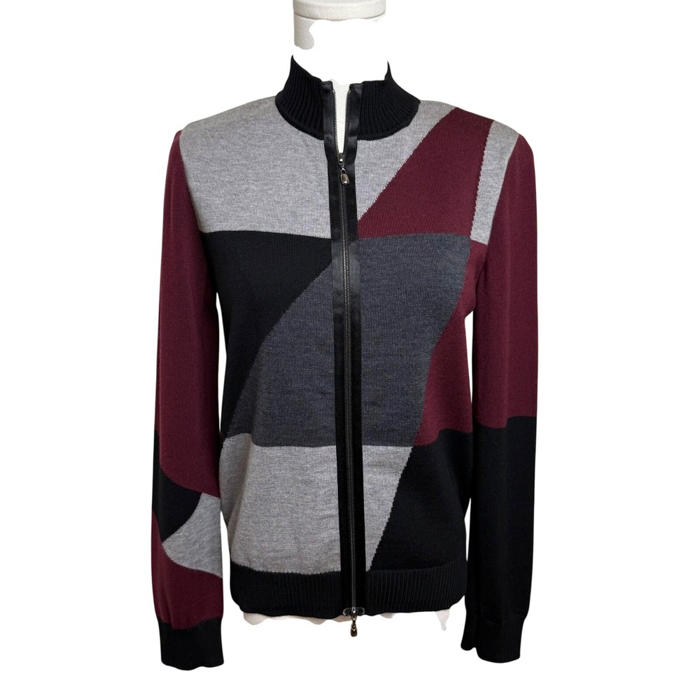 VTG St John 100% Wool Full Zip Jacket Burgundy Colorblock Geometricy